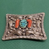 Vintage Pawn Sterling Silver Turquoise & Red Coral Un-Signed Navajo Native American Buckle