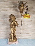 Putti Cherub Metal Statue On Pink Marble Base & Metal Putti Wall Sconce Lamp With Art Glass Shade