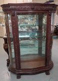 Lighted Carved Oak Triple Bow Front Curio Cabinet With Thick Glass Sheves