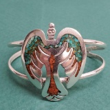 Vintage Pawn Frankie Dan Native American Silver w/ Crushed Turquoise & Coral Cuff Bracelet