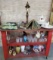 3-Tier Cart of Crystal, Carnival & 1800s Glass, MCM Pottery, Wedgwood, Brass Ware, Lamps, & More
