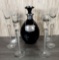Black Glass Decanter with Silver Decoration & 6 Cordial Stems