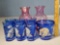 7 pcs Hazel Atlas Cobalt blue Glass Windmills Tumblers and Bowl and 2 Cranberry Vases