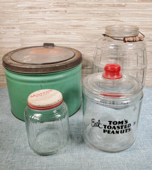 4 Advertising Containers incl. Toms Toasted Peanuts Jar