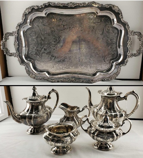 5 Pc. Fisher Sterling Silver "Duncan" Form With Chased Floral Sprays Tea Set On Silver Plated Tray