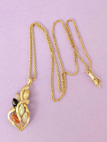 14k Gold Gemstone Pendant Necklace on Twist Rope Chain