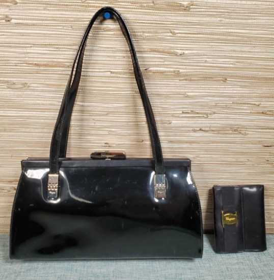 Black Patent Leather Salvator Ferragamo Handbag & Wallet