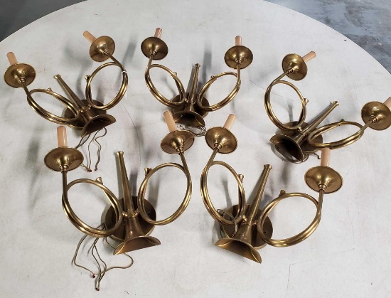 Lot Of Six Frederic Cooper Brass Horn 2 Lite Wall Sconces