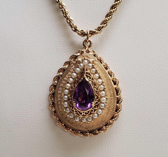 14K Yellow Gold Amethyst & Pearl Hinged Scent Pendant