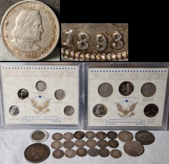 US Silver Peace Dollar, Quarters, Dimes, 1893 F-301 RPD Columbus & Booker T Washington  Half Dollars