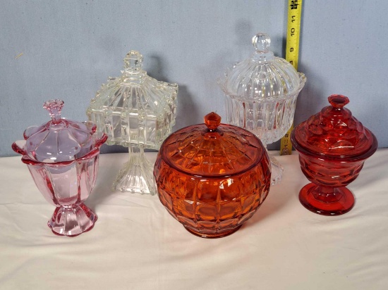 5 EAPG and colored Retro Vintage Art Glass Covered Bowls, Jars and Compotes