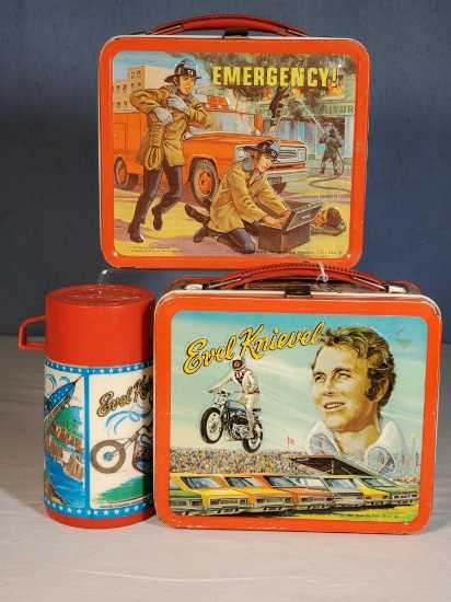 1974 Evel Knievel Lunch Box and Thermos, and 1973 Emergency! Lunch Box, no Thermos