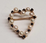 14K Yellow Gold Pearl & Sapphire Heart 3/4