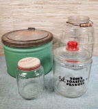 4 Advertising Containers incl. Toms Toasted Peanuts Jar
