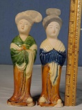 2 Antique Swatow/ Shiwan Pottery Lady Figurines with Unglazed Faces
