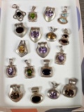 Collection of 18 Gemstone Sterling Silver Pendants