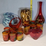 17 Pcs Mid-Century Art Glass Vases, Pitcher and Tumblers
