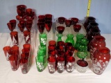 64 Pcs Anchor Hocking Ruby and Forest Green Collectible Glass