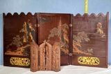 Ornate Carved and Applied Asian Art Table Screen and Four Fold Monk Altar Piece