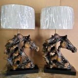 Pr of Mid-Century Brutalist Attila's Horse Head Cast Stone Table Lamps