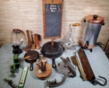 Lot of Vintage Kitchen Gadgets incl. Cast Iron, Cherry Seeder, Meat Grinder, Scales, Etc.