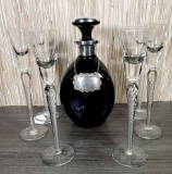 Black Glass Decanter with Silver Decoration & 6 Cordial Stems