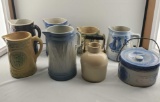 Lot Of Antique Stoneware, Yellow ware Pitchers & Covered Butter Crock