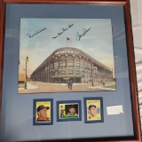 Signed Ebbets Field Litho with Signatures of Duke Snider, Dick Williams and Johny Podres with Cards