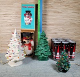 3 Petite Porcelain Lit Christmas Trees, The Flying Snowman and Retro DQ Holt Howard Santa Tumblers