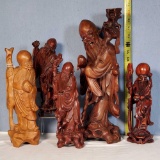 5 Varied Asian Wood Carvings of Chinese God of Longevity Sho Lao