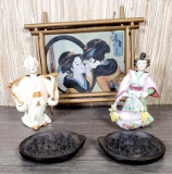 Pair of Antique Asian Porcelain Nodders, Framed Painting, & Pictorial Carving