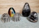 5 Hand Blown Art Glass Paperweights incl. Signed