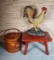 Country Decor Painted Firkin, Stool, Painted Rooster Doorstop