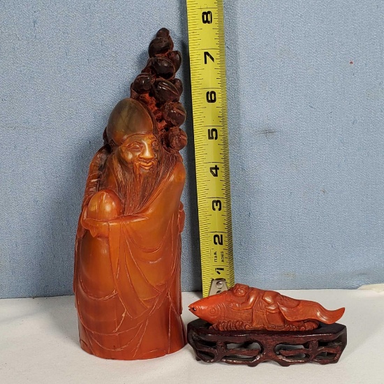 Carved Horn Tall Figure and Petite Carving of Child Riding Koi Fish