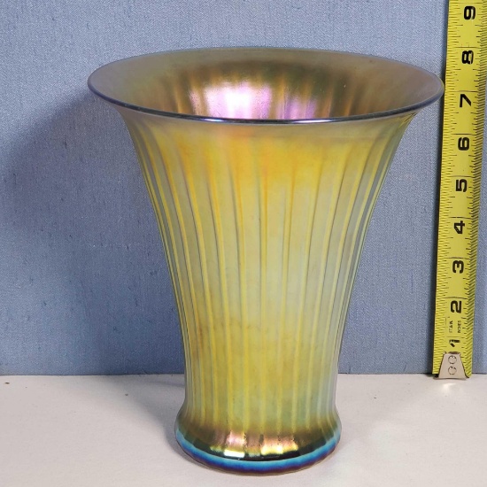 Steuben Aurene Ribbed Art Glass Vase with Lightly Flared Lip