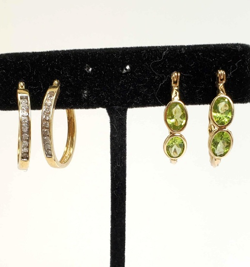 2 Pair of 14k Gold Hoop Pierced Earrings - Diamond & Peridot