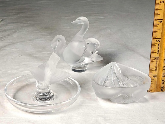 3 Lalique Crystal Paperweight Desk Ornaments and Small Trays