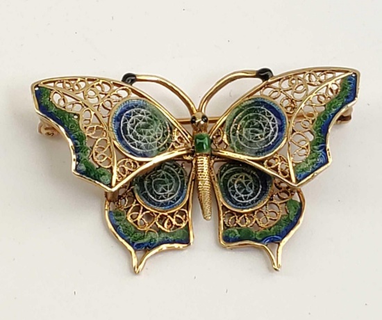 Adorable 14k Gold Filigree Enamel Butterfly Pin