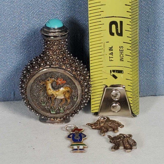Antique Asian Sterling Snuff Bottle and Charms