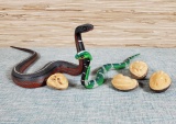 2 Javier Blas Hand Painted & Carved Wood Snakes Plus 4 Carved Tegu Nuts