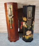 2 Vintage Asian Octogon Wooden Scroll Boxes With Locks And Keys