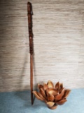 2 Wood Carvings - Bali Lotus Bowl & Walking Stick