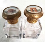 2 Antique 1800s French Grand Tour Perfume Crystal Scent Bottles With Gilded Hinged Cap