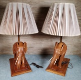 Pair of Wood Carved Elephant Lamps