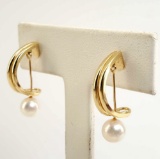 Unusual 14k Gold Pearl Hoop Pierced Earrings