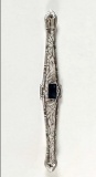 Art Deco 10k White Gold Filigree Bar Pin with Sapphire