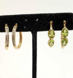 2 Pair of 14k Gold Hoop Pierced Earrings - Diamond & Peridot