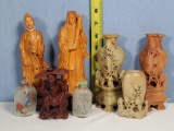 8 Pcs Asian Art Wood and Stone Carvings and Snuff Bottles