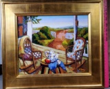 E Stacey Impasto Painting on Board of Serene Veranda in Wide Gilt Wood Frame