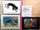 3 Charlotte Flo Singer -Johnson Watercolor and Pen and Ink Cat Paintings with Attitude and Cats by